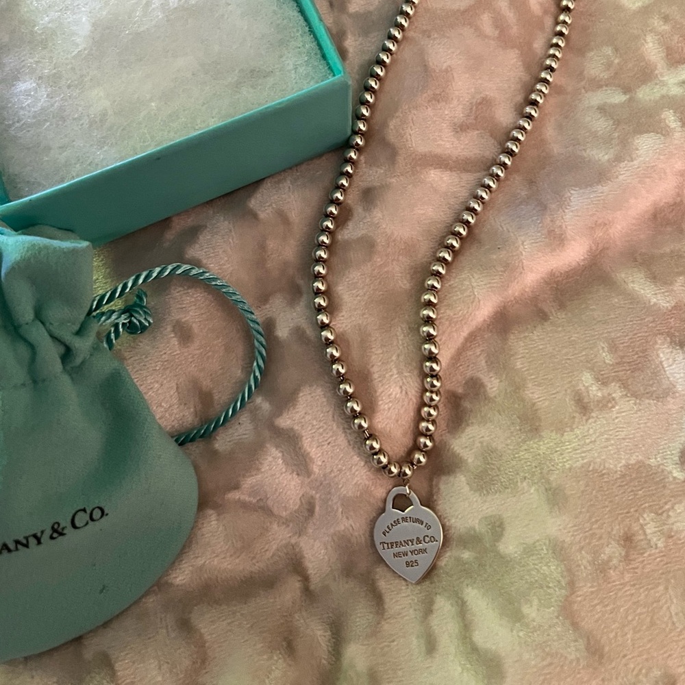 Tiffany & Co. Silver Beaded Necklace with Heart Pendant